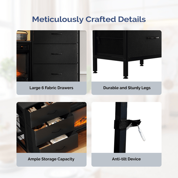 Black Embossed Fireplace TV Stand with 18 Inch Insert & 6 Fabric Drawers, RGB Lights, Industrial Iron-Wood Design Media Console, 58 x 11.8 x 31.3 Inch - luxuryhomedecoridea.com
