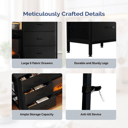Black Embossed Fireplace TV Stand with 18 Inch Insert & 6 Fabric Drawers, RGB Lights, Industrial Iron-Wood Design Media Console, 58 x 11.8 x 31.3 Inch - luxuryhomedecoridea.com