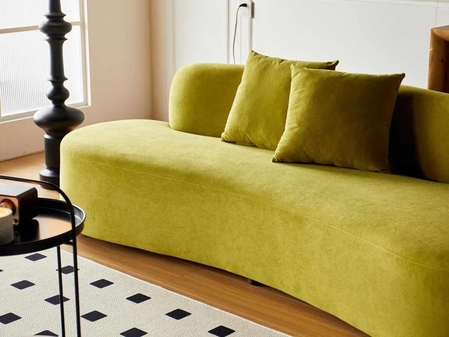 90" Curved Sofa with Throw Pillows, 4 Seater Luxury Velvet Couch with Half Moon Design and High-Density Foam, Ideal for Modern Living Room, Office & Apartment, Olive Green - luxuryhomedecoridea.com