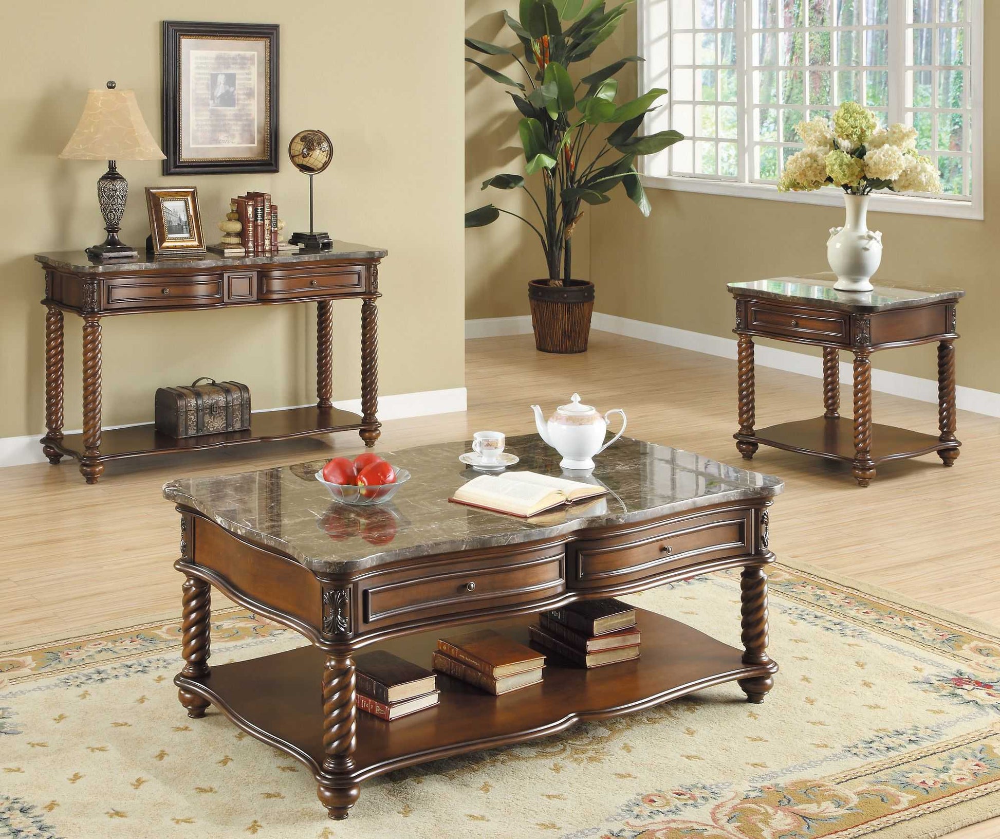 Traditional Formal Marble Top End Table with Drawer Lower Shelf Mahogany Finish Spiral Turned Legs Wooden 1pc Living Room Furniture Side Table - luxuryhomedecoridea.com
