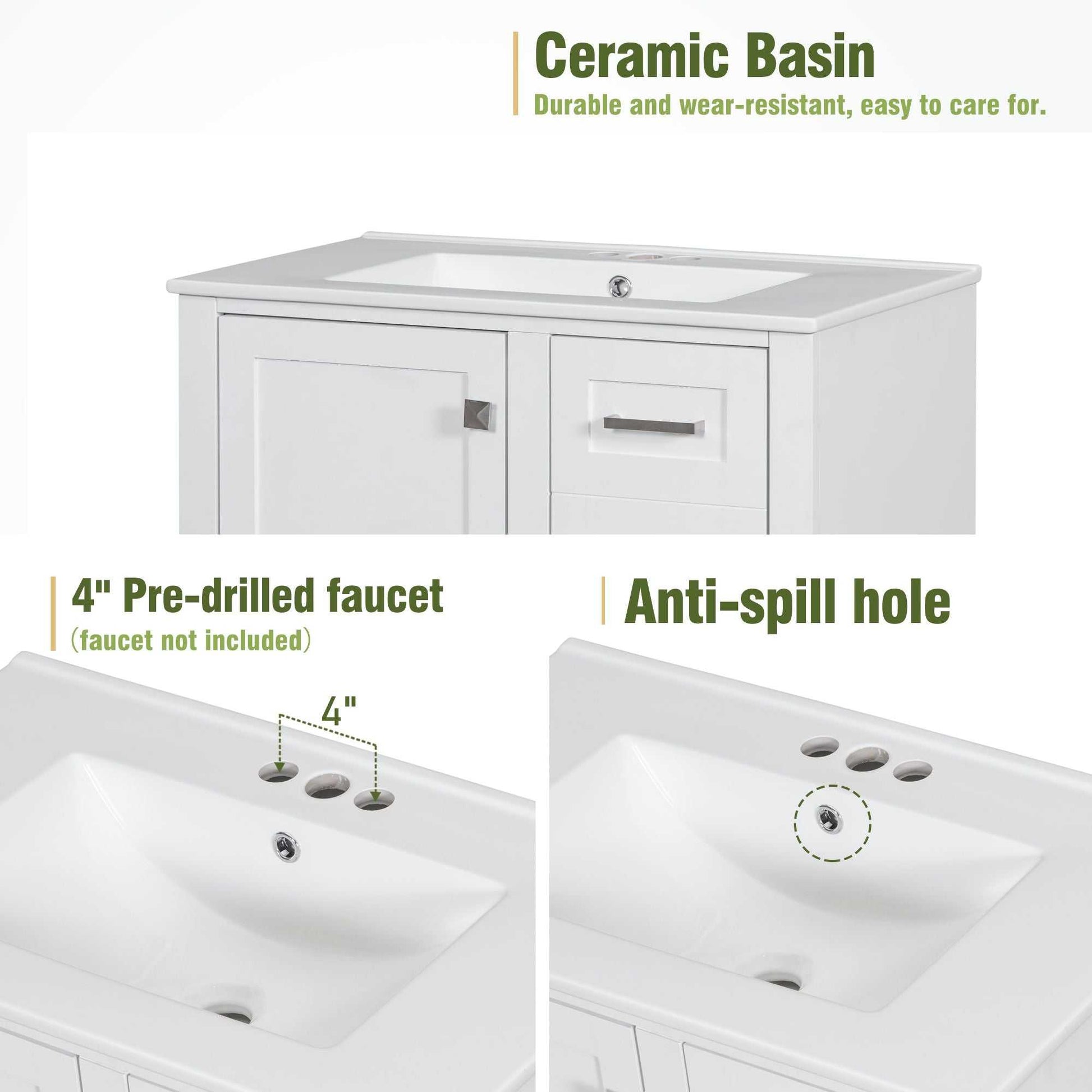 30" Bathroom Vanity , Modern Bathroom Cabinet with Sink Combo Set, Bathroom Storage Cabinet with a Soft Closing Door and 3 Drawers, Solid Wood Frame - luxuryhomedecoridea.com