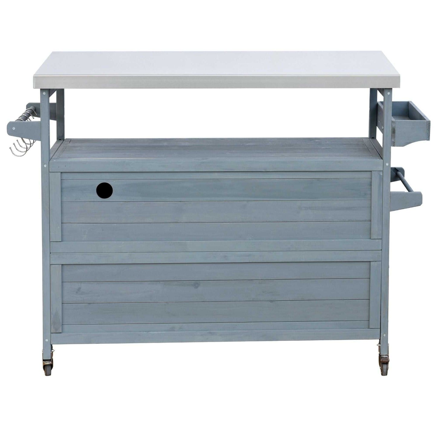 Outdoor Kitchen Island, Rolling Bar Cart & Storage Cabinet, Farmhouse Solid Wood Outdoor Grill Table with Stainless Steel Top, Spice Rack , Towel Rack for Kitchen & BBQ , Grey Blue - luxuryhomedecoridea.com