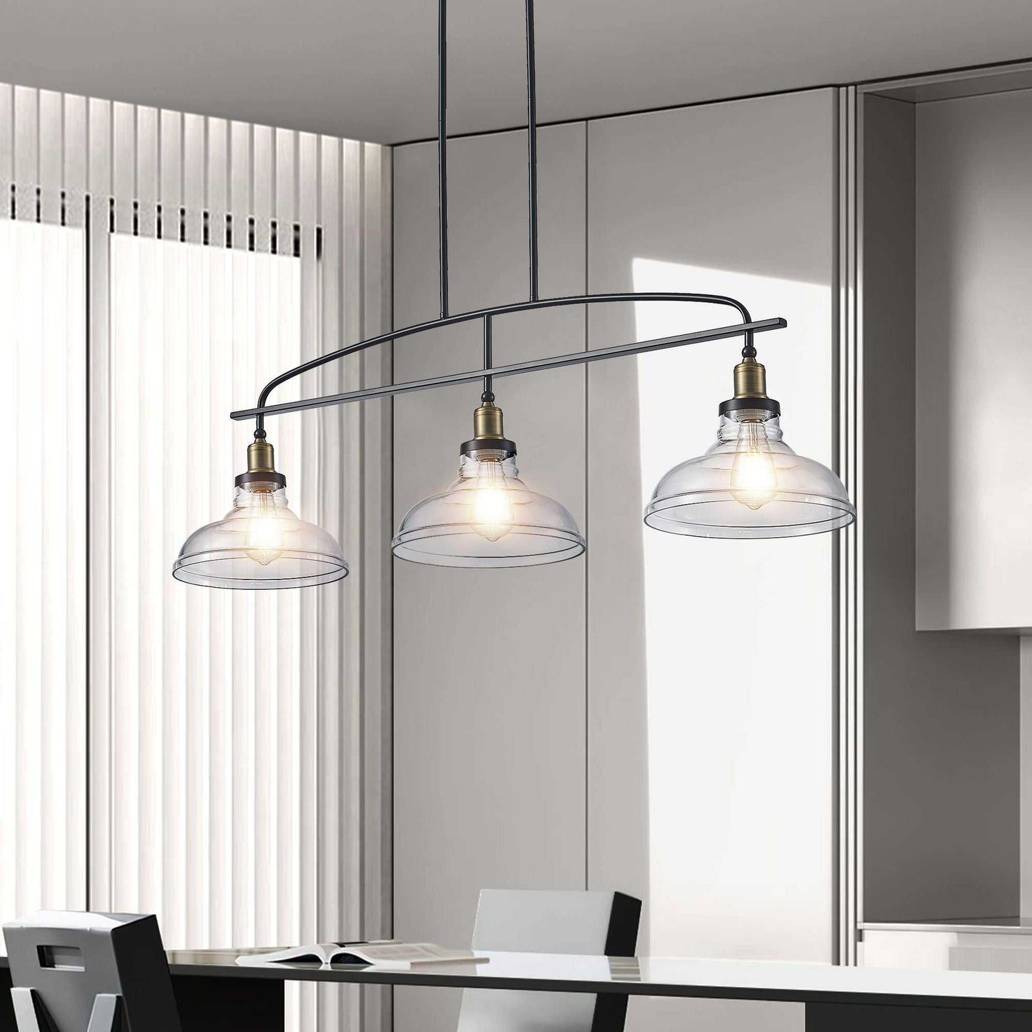 45" Industrial 3-Light Pendant Chandelier with Clear Glass Shades, Black Metal Frame, Adjustable Height, Modern Farmhouse Lighting for Kitchen Island, Dining Room, or Living Room (Bulb Not Included) - luxuryhomedecoridea.com