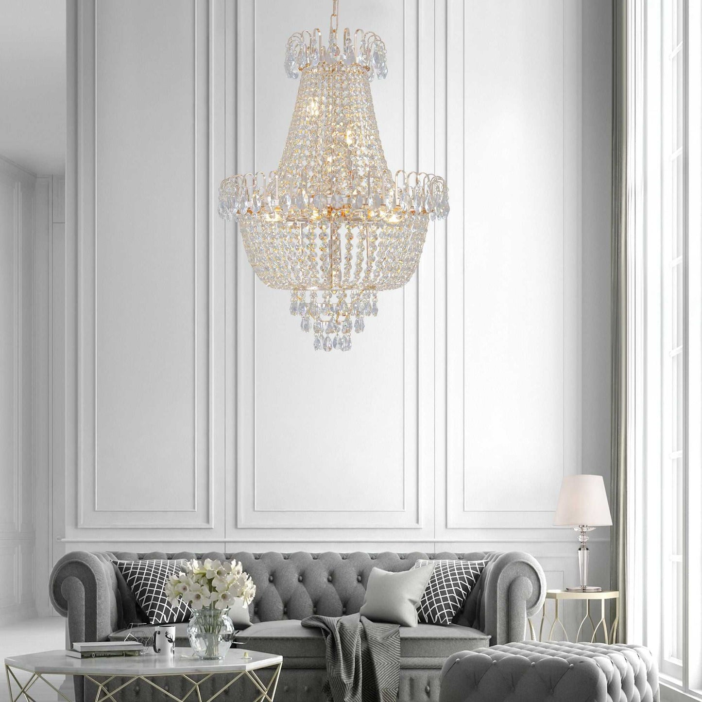 (Same as W1340P143189)Gold Crystal Chandeliers,Large Contemporary Luxury Ceiling Lighting for Living Room Dining Room Bedroom Hallway (Without Bulb) - luxuryhomedecoridea.com