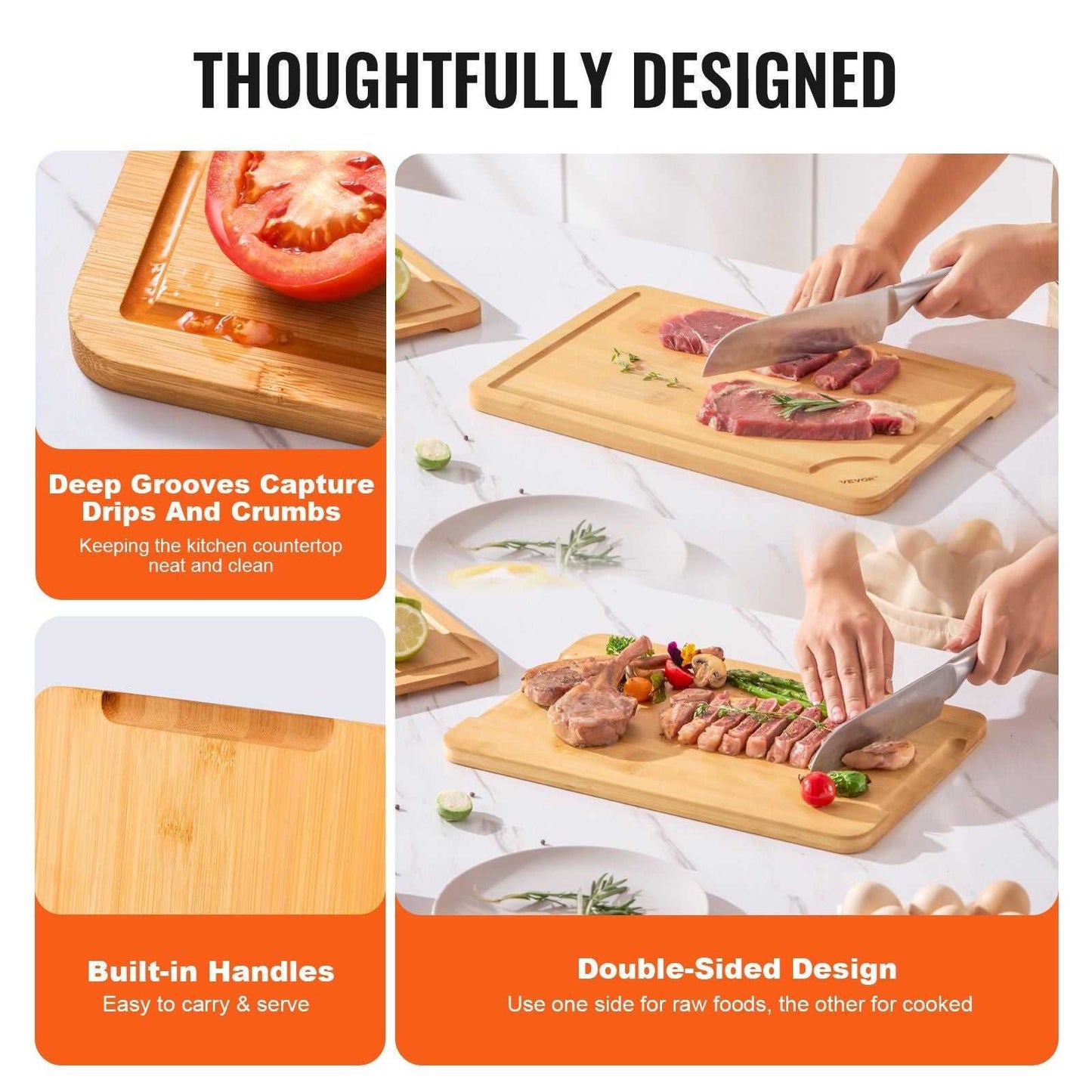 VEVOR Cutting Board, 3 Pieces, Premium Versatile Bamboo Cutting Board with Food-Grade Oil and Juice Groove,Sturdy & Durable Chopping Board with Built-in Handle, Fit for Display, Chopping & Serving - luxuryhomedecoridea.com