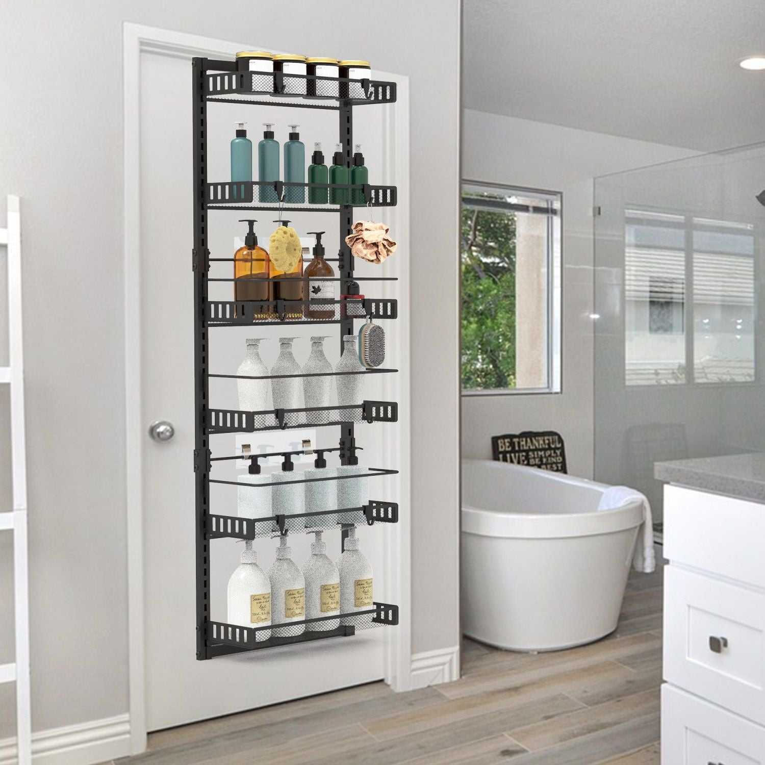 10LBS Loading 6-Tier Over the Door Pantry Organizer, Large Metal Door Spice Rack, Hanging Heavy-Duty Pantry Door Storage Shelf Easy Install Behind Door Storagefor Kitchen and Bathroom, Black - luxuryhomedecoridea.com