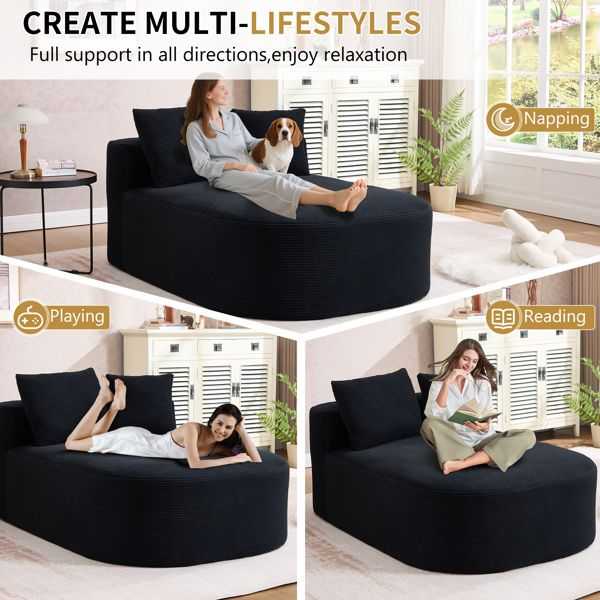 67.5''Chaise Lounge Chair 46'' Wide Seat Indoor Corduroy Oversized Sleeper Sofa for Living Room Deep Seat Lounge and Two Soft Pillows Convertible Boneless Sofa Bed, Black,No Assembly Required - luxuryhomedecoridea.com