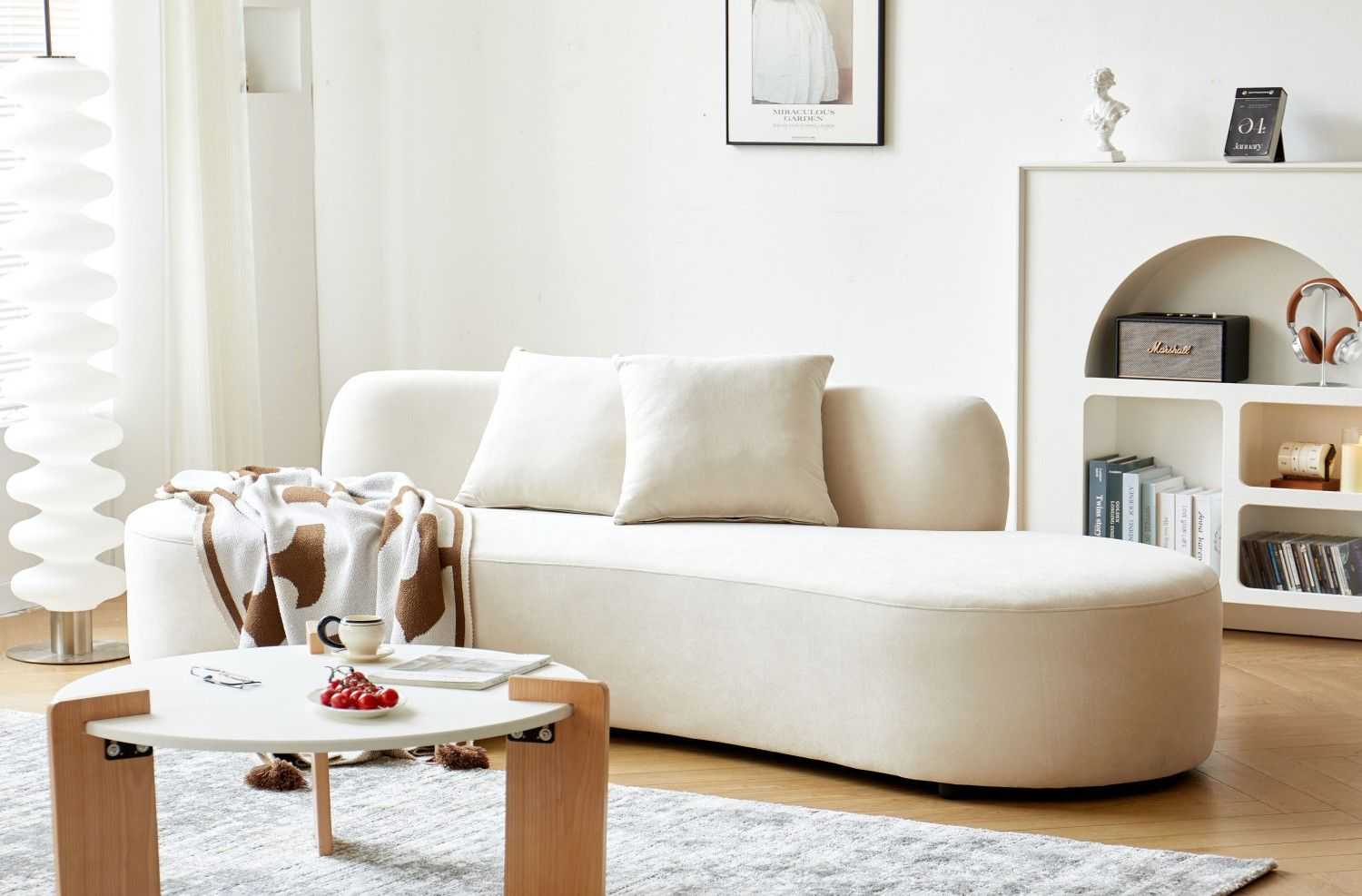 90" Curved Sofa with Throw Pillows, 4 Seater Luxury Velvet Couch with Half Moon Design and High-Density Foam, Ideal for Modern Living Room, Office & Apartment, Ivory - luxuryhomedecoridea.com