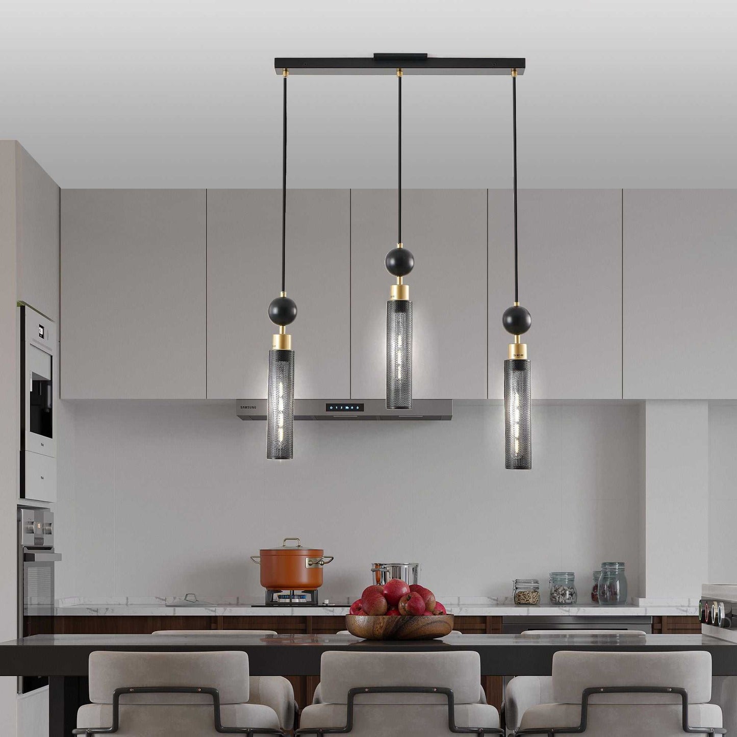 25" Modern Black and Gold 3-Light Pendant Chandelier, Adjustable Hanging Lights with Cylindrical Mesh Shades, E26 Base, Ideal for Dining Room, Kitchen Island, or Living Room Lighting (No Bulbs) - luxuryhomedecoridea.com