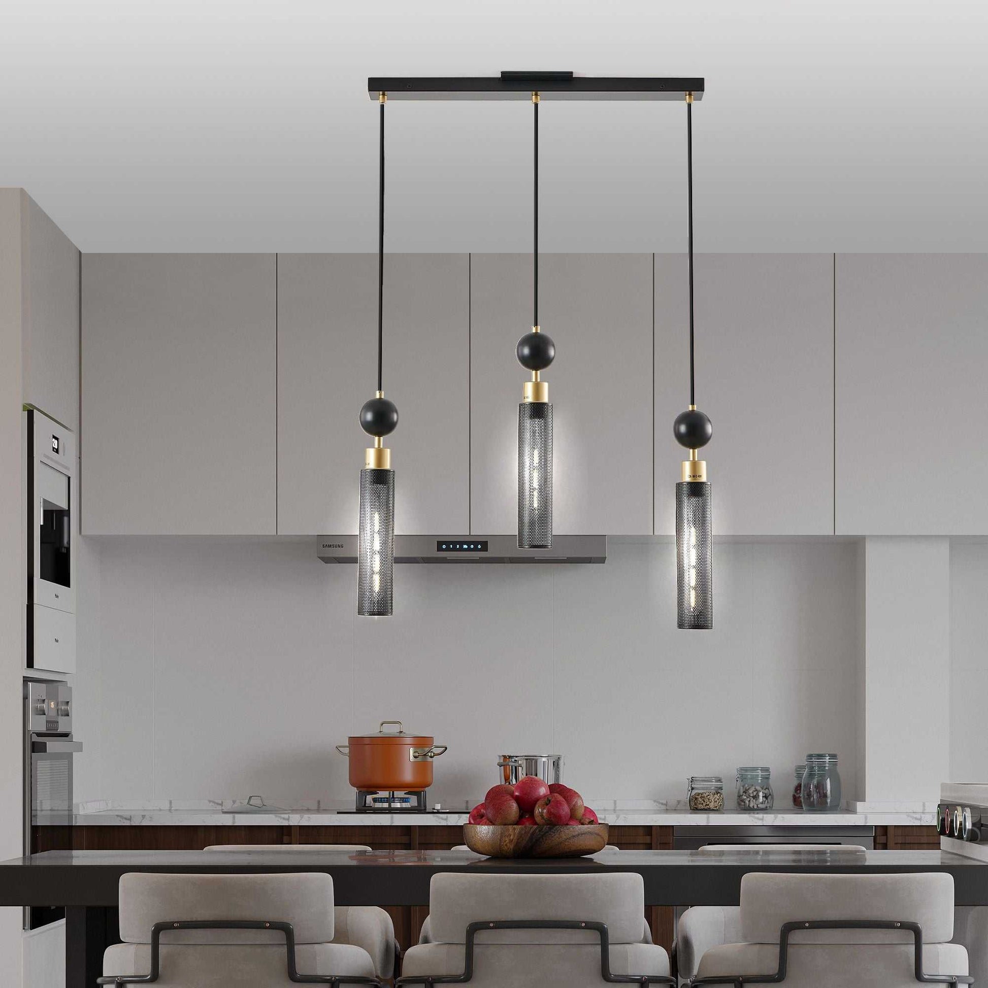 25" Modern Black and Gold 3-Light Pendant Chandelier, Adjustable Hanging Lights with Cylindrical Mesh Shades, E26 Base, Ideal for Dining Room, Kitchen Island, or Living Room Lighting (No Bulbs) - luxuryhomedecoridea.com