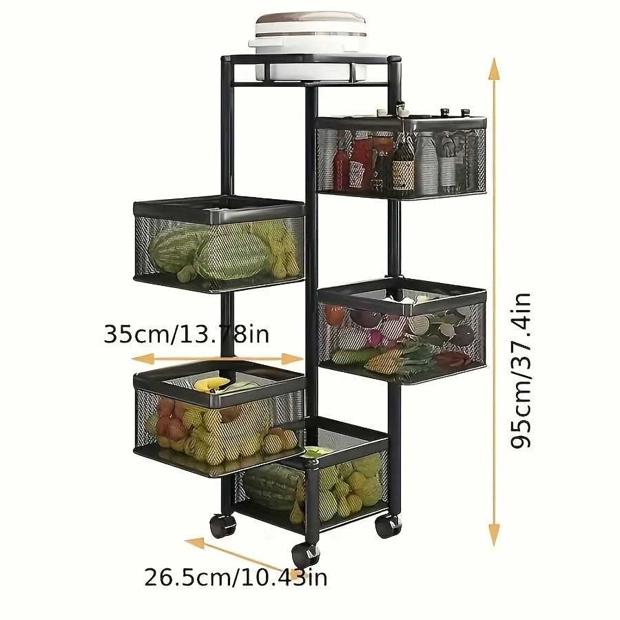 Rotating Kitchen Storage Shelf 5 Tier, Metal Fruit Vegetable Storage Basket Multi-Layer Vegetable Rack Storage Trolley on Wheels, Floor-Standing Basket for Kitchen Bathroom, Square - luxuryhomedecoridea.com