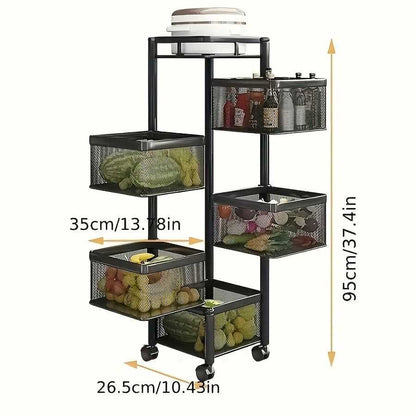 Rotating Kitchen Storage Shelf 5 Tier, Metal Fruit Vegetable Storage Basket Multi-Layer Vegetable Rack Storage Trolley on Wheels, Floor-Standing Basket for Kitchen Bathroom, Square - luxuryhomedecoridea.com