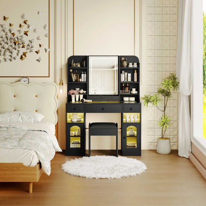 43.2" Vanity Desk with LED Mirror and Lights, Glass Top Vanity with RGB Glass Light Cabinets, Dressing Table with 3 Drawers ,Storage Shelves and Stool for Bedroom - luxuryhomedecoridea.com