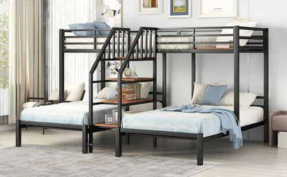 Metal Twin over Twin & Twin Bunk Bed, Triple Bunk Bed with Storage Shelves Staircase, Black - luxuryhomedecoridea.com