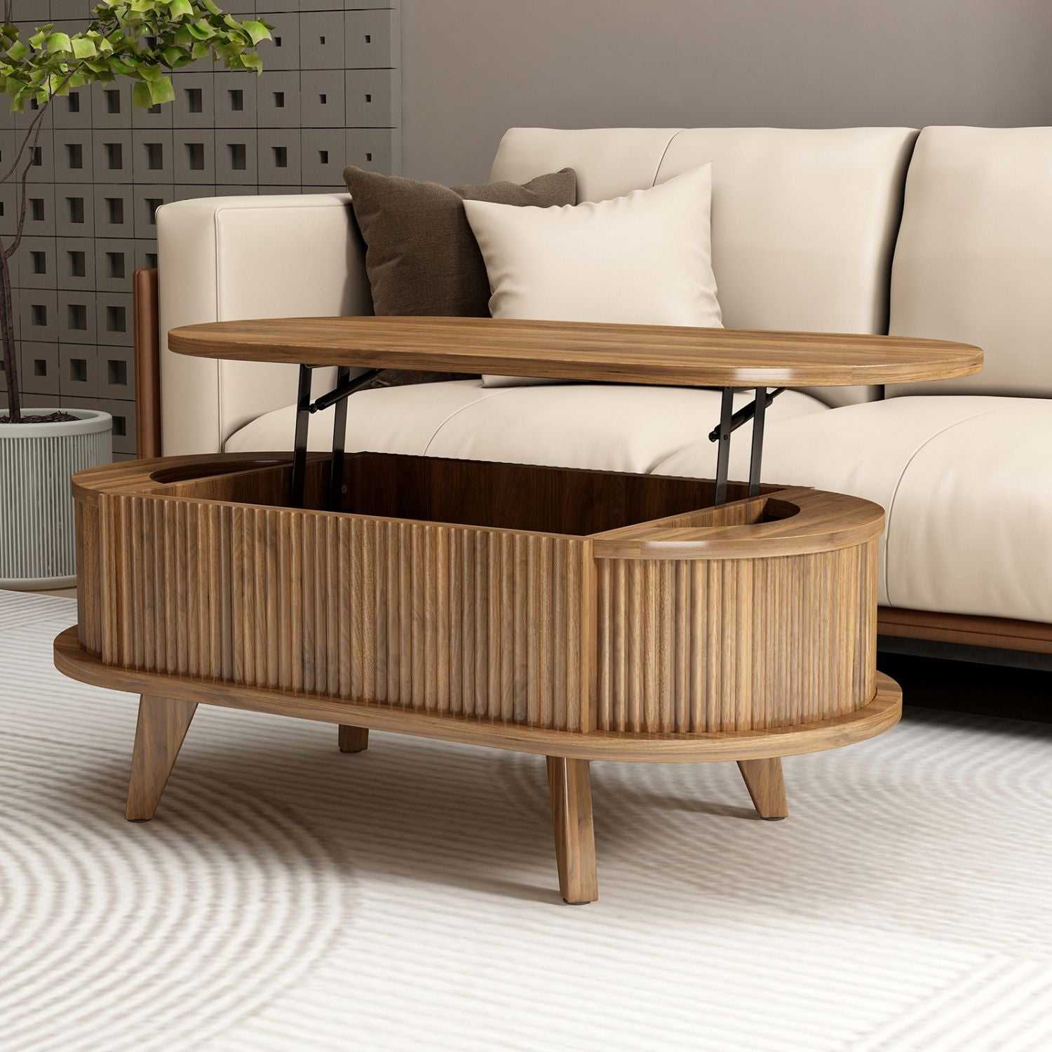 Fluted Lift Top Coffee Table with Hidden Compartment, Wooden Center Table, Modern Oval Lift Tabletop for Home Living Room Office, Walnut Brown Color - luxuryhomedecoridea.com