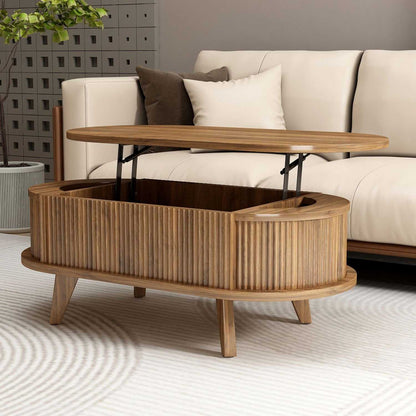 Fluted Lift Top Coffee Table with Hidden Compartment, Wooden Center Table, Modern Oval Lift Tabletop for Home Living Room Office, Walnut Brown Color - luxuryhomedecoridea.com