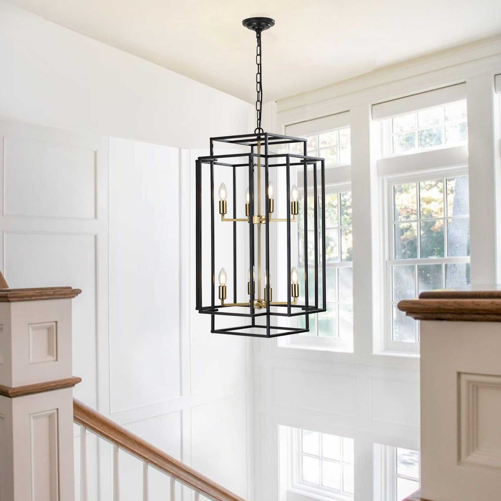(Same as W1340142524/L1018-G) 18" Modern 8-Light Black Gold Geometric Pendant Chandelier, Industrial Metal Frame, Adjustable Hanging Light for Living Room, Dining Room, Kitchen (No Bulbs) - luxuryhomedecoridea.com