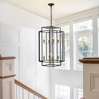 (Same as W1340142524/L1018-G) 18" Modern 8-Light Black Gold Geometric Pendant Chandelier, Industrial Metal Frame, Adjustable Hanging Light for Living Room, Dining Room, Kitchen (No Bulbs) - luxuryhomedecoridea.com