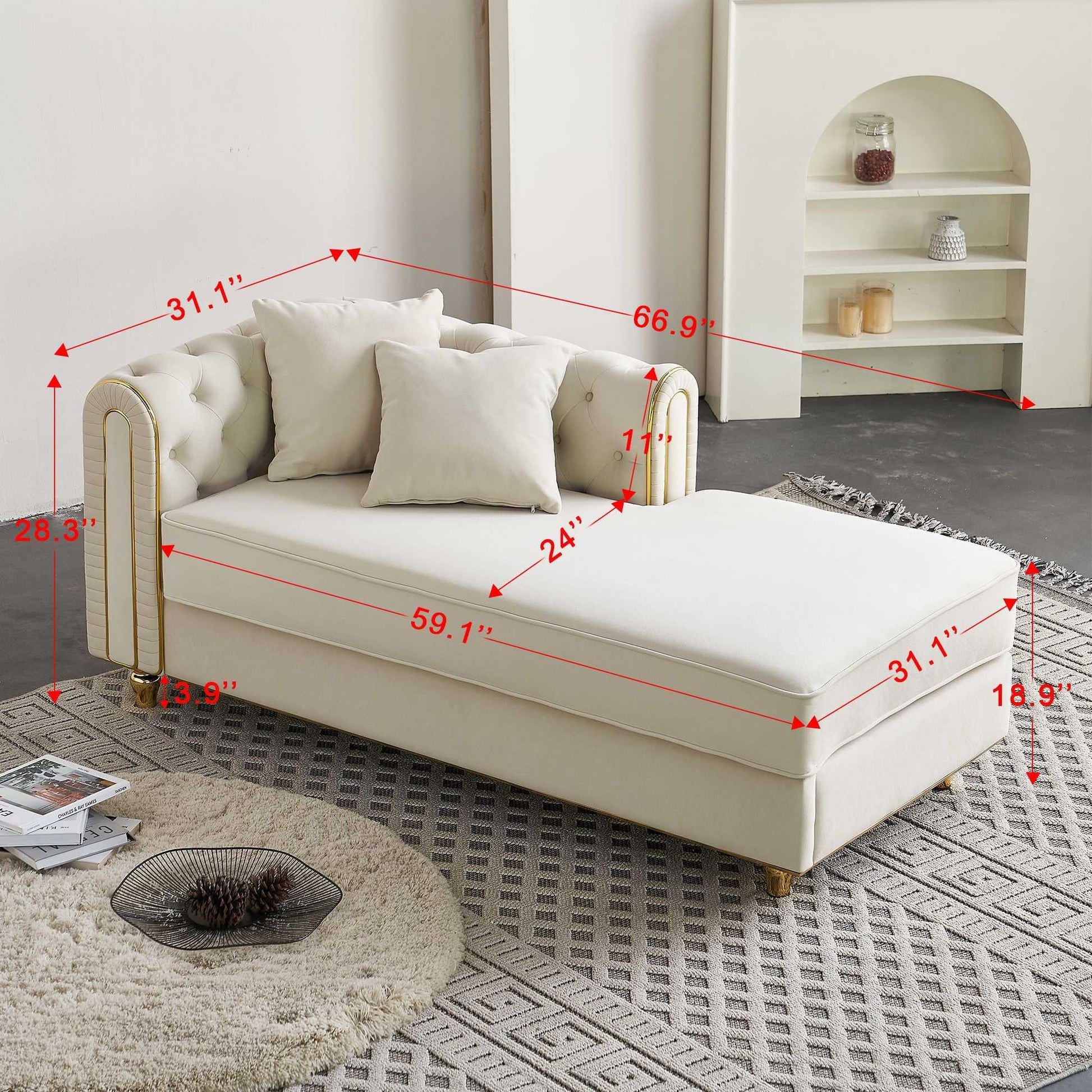 66.9''W Velvet Chaise Lounge,Luxury Modern Chaise Furniture,Tufted Back with 2pcs toss pillows for Living Room,Bedroom,Apartment,Beige Color - luxuryhomedecoridea.com