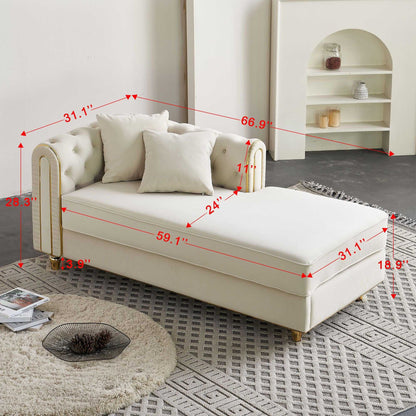66.9''W Velvet Chaise Lounge,Luxury Modern Chaise Furniture,Tufted Back with 2pcs toss pillows for Living Room,Bedroom,Apartment,Beige Color - luxuryhomedecoridea.com