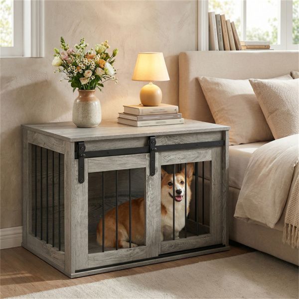 31.5" Dog Crate Furniture with Sliding Barn Door, Wooden Dog Kennel End Table for Indoor Use - Gray - luxuryhomedecoridea.com