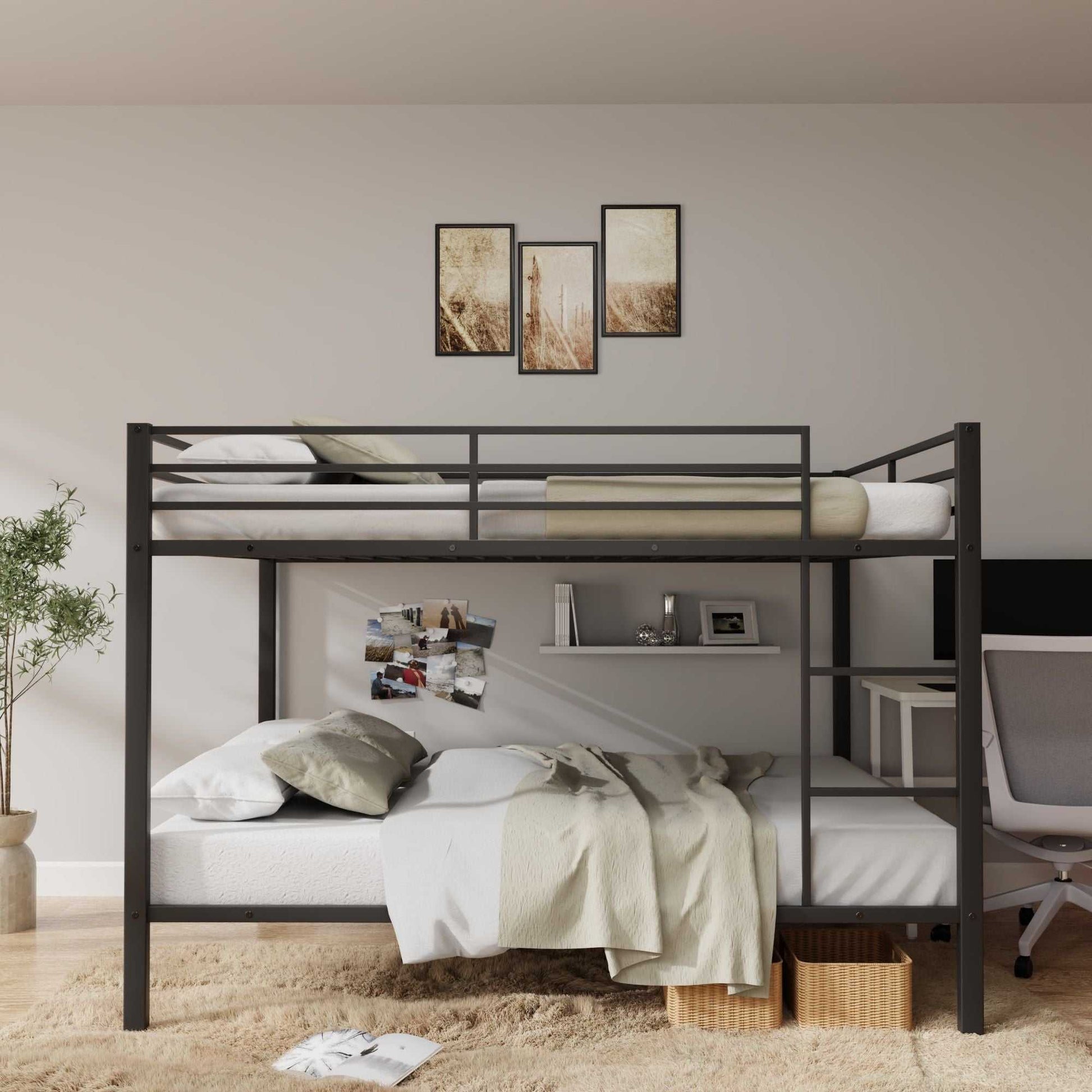 Full Over Full Bunk Bed, Heavy Duty Metal Bunk Bed Frame with Built-in Ladder and Safety Guard Rail, Low Metal Bunk Bed Frame for Kids, No Boxspring Required, For Small Spaces, Black - luxuryhomedecoridea.com