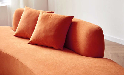 90" Curved Sofa with Throw Pillows, 4 Seater Luxury Velvet Couch with Half Moon Design and High-Density Foam, Ideal for Modern Living Room, Office & Apartment, Red Orange - luxuryhomedecoridea.com