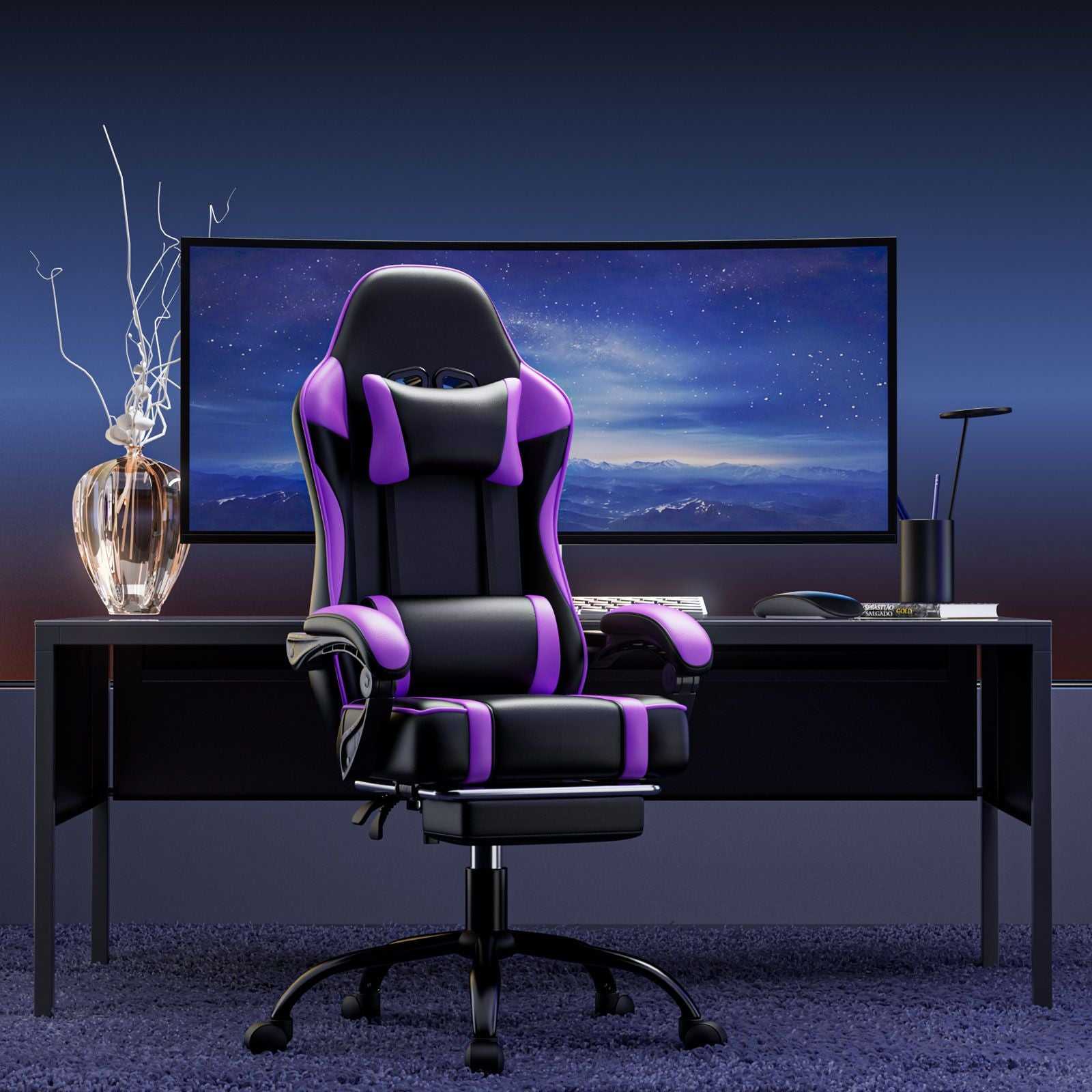 Video Game Chairs for Adults, PU Leather Gaming Chair with Footrest, 360°Swivel Adjustable Lumbar Pillow Gamer Chair, Comfortable Computer Chair for Heavy People - luxuryhomedecoridea.com