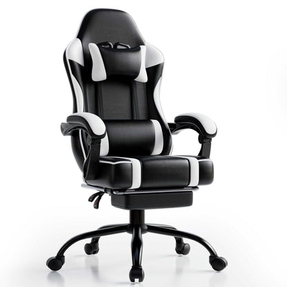 Video Game Chairs for Adults, PU Leather Gaming Chair with Footrest, 360°Swivel Adjustable Lumbar Pillow Gamer Chair, Comfortable Computer Chair for Heavy People - luxuryhomedecoridea.com