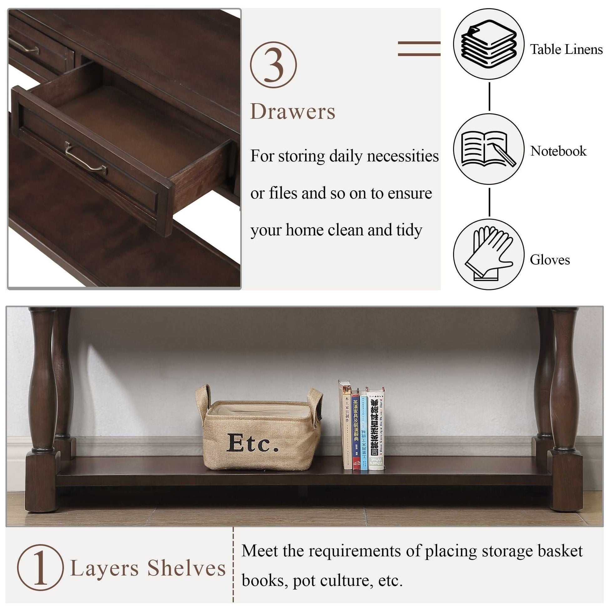 63inch Long Wood Console Table with 3 Drawers and 1 Bottom Shelf for Entryway Hallway Easy Assembly Extra-thick Sofa Table( Light Espresso) - luxuryhomedecoridea.com