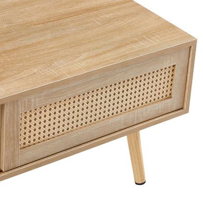 41.34" Rattan Coffee table, sliding door for storage, solid wood legs, Modern table for living room - luxuryhomedecoridea.com