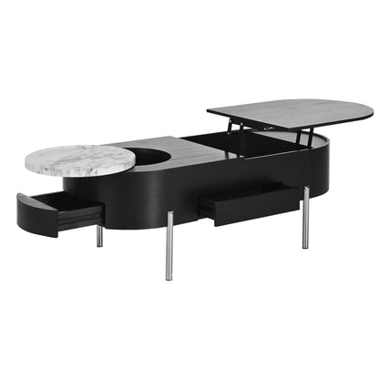 U-Can 47.2''Lift Top Coffee Table with 360-degree Marble-patterned rotating tray,Hidden Compartment, Partially Assembled Wooden Center Table, Modern Oval Lift Tabletop for Home Living Room - luxuryhomedecoridea.com