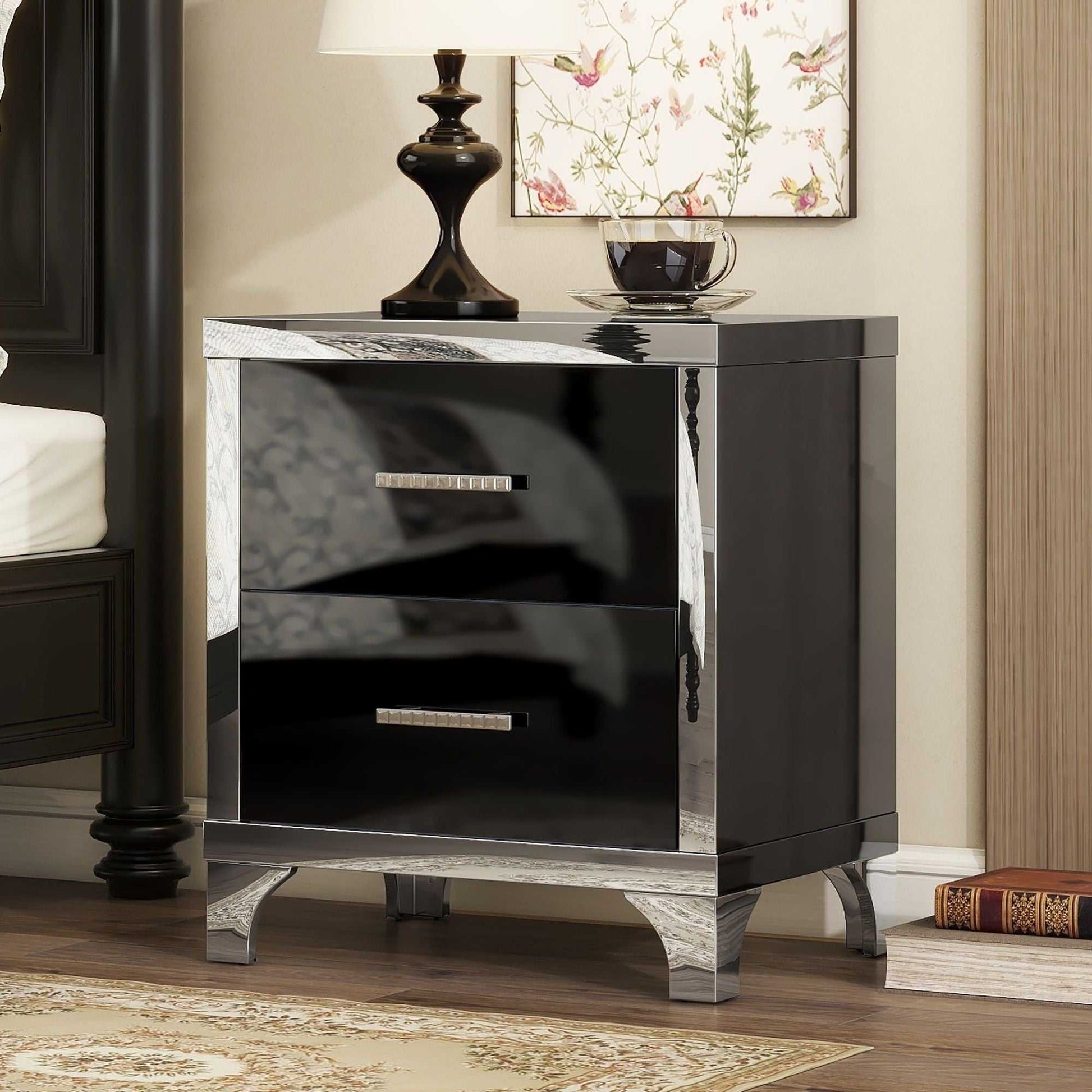 Elegant High Gloss Nightstand with Metal Handle,Mirrored Bedside Table with 2 Drawers for Bedroom,Living Room - luxuryhomedecoridea.com