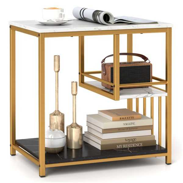 3-Tier Side Table with Marble Top & Gold Frame, Modern 23.5" End Table for Living Room Bedroom - luxuryhomedecoridea.com