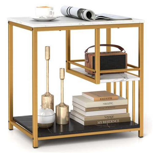 3-Tier Side Table with Marble Top & Gold Frame, Modern 23.5" End Table for Living Room Bedroom - luxuryhomedecoridea.com