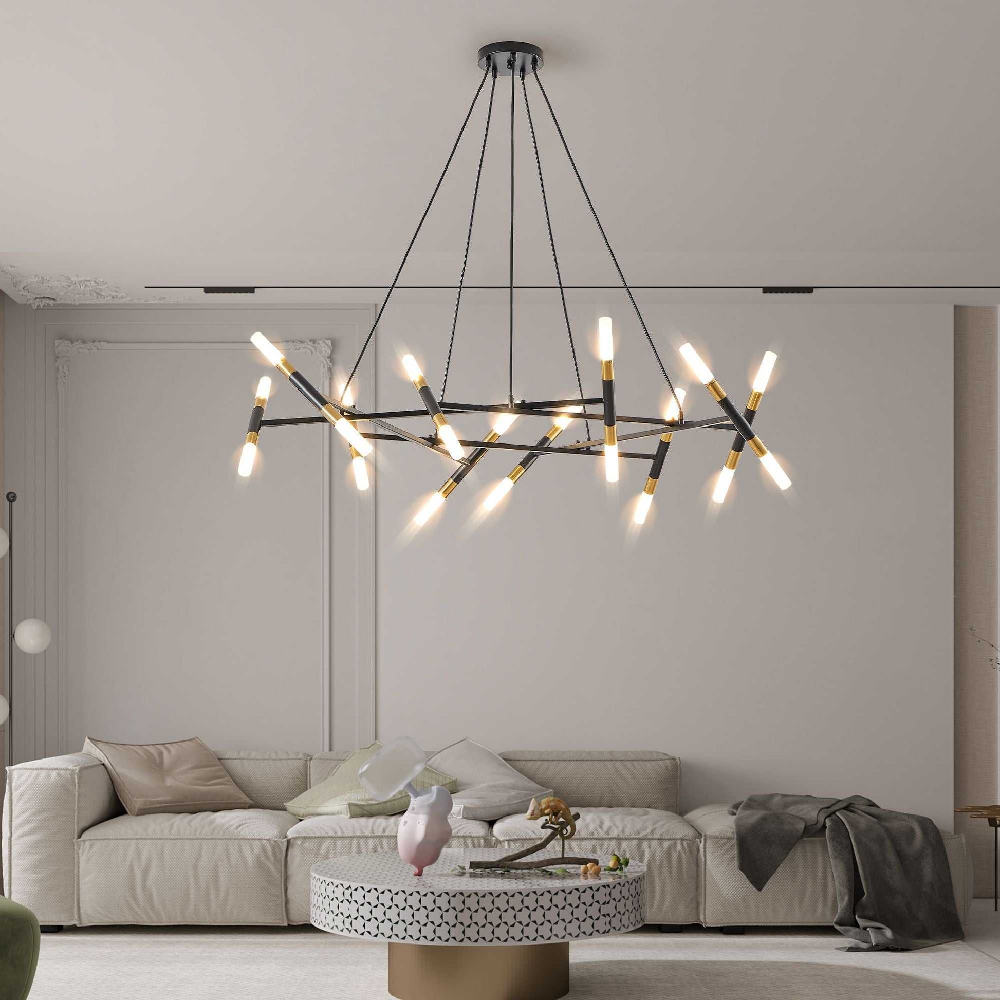 41" Black & Golden Modern Chandelier Light Fixture, Branch Design with Frosted Tubes, Black Cords, Adjustable Height Pendant Light for Dining Room, Living Room, or Kitchen Island (Bulb Not Included) - luxuryhomedecoridea.com