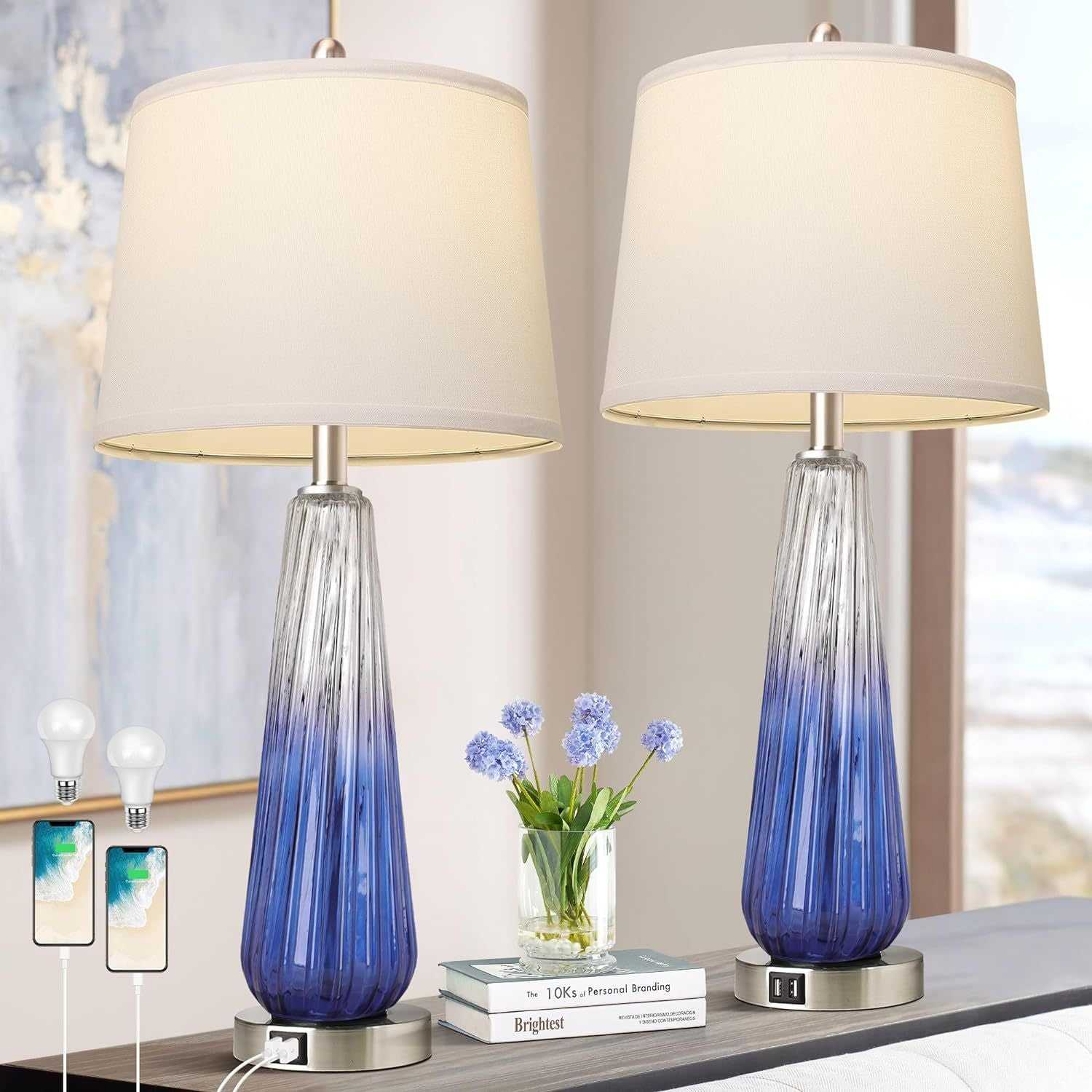 Table Lamps Set of 2 with Touch Control, 3-Way Dimmable Modern Glass Bedside Lamps with USB A+C Ports, Nightstand Lamp with White Fabric Shade, 27.5" Large Lamps for Living Room Bedrooms Decorations - luxuryhomedecoridea.com