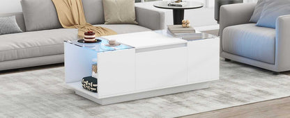 U-Can Led Coffee Table, Modern Center Table with High-Gloss Finish and Glass Tabletop, Coffee Table with Open Storage Compartment and 2 Hidden Drawers for Living Room - luxuryhomedecoridea.com