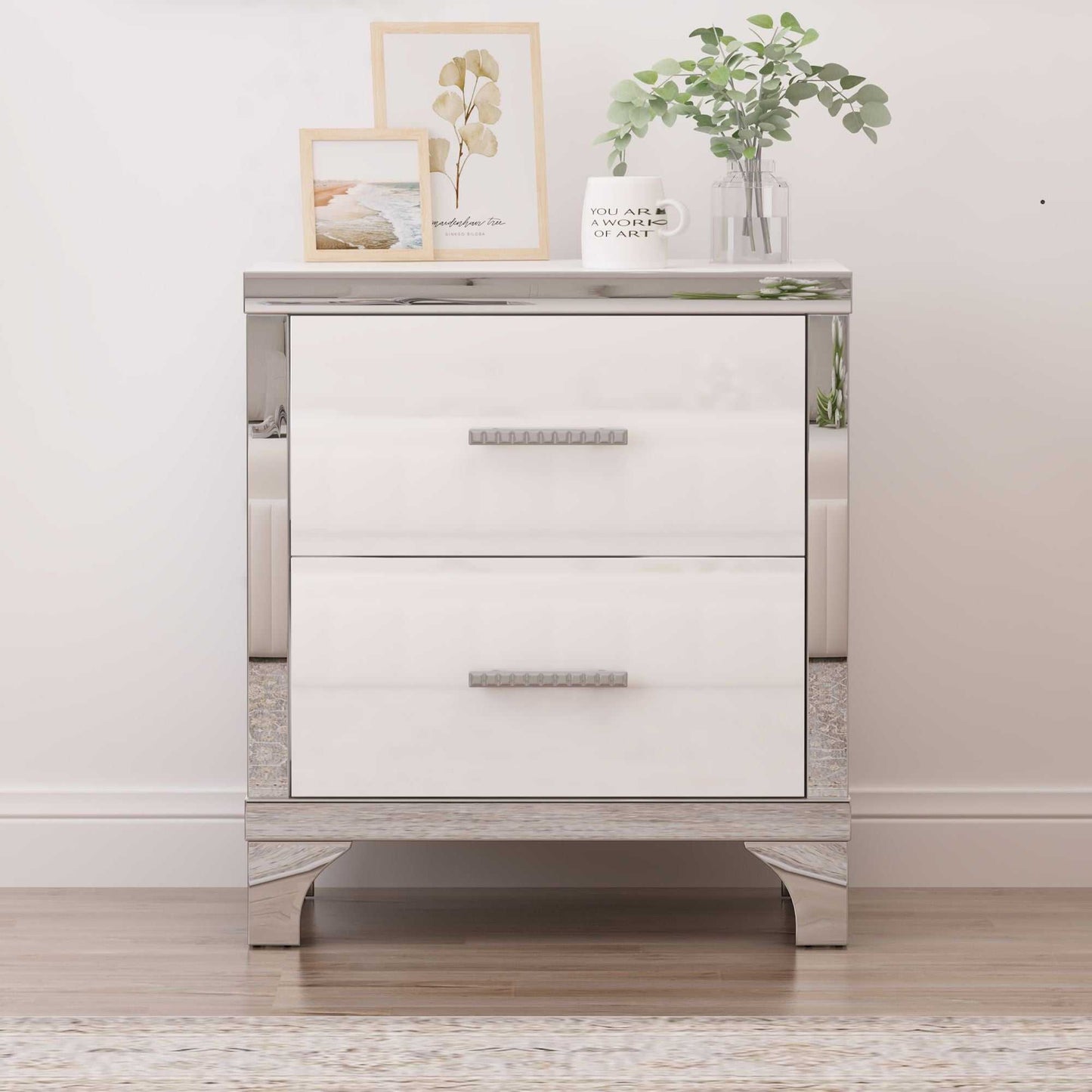 Elegant High Gloss Nightstand with Metal Handle,Mirrored Bedside Table with 2 Drawers for Bedroom,Living Room - luxuryhomedecoridea.com