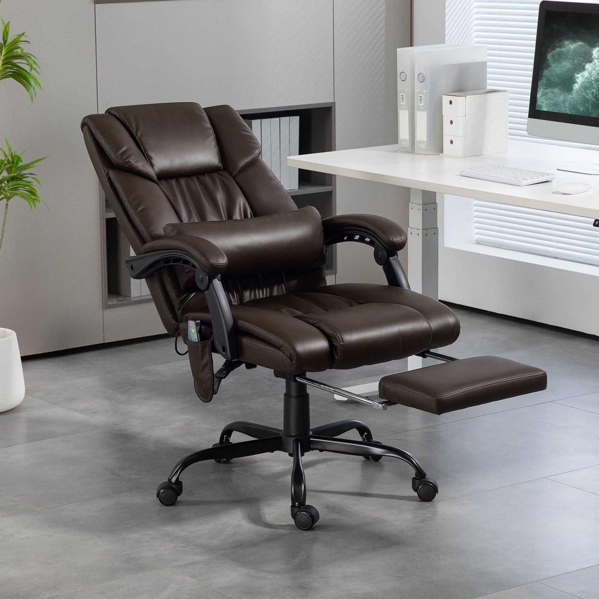 High Back PU Leather Massage Office Chair, 6 Vibration Points, Ergonomic with Footrest, Adjustable Height, Remote, Brown - luxuryhomedecoridea.com