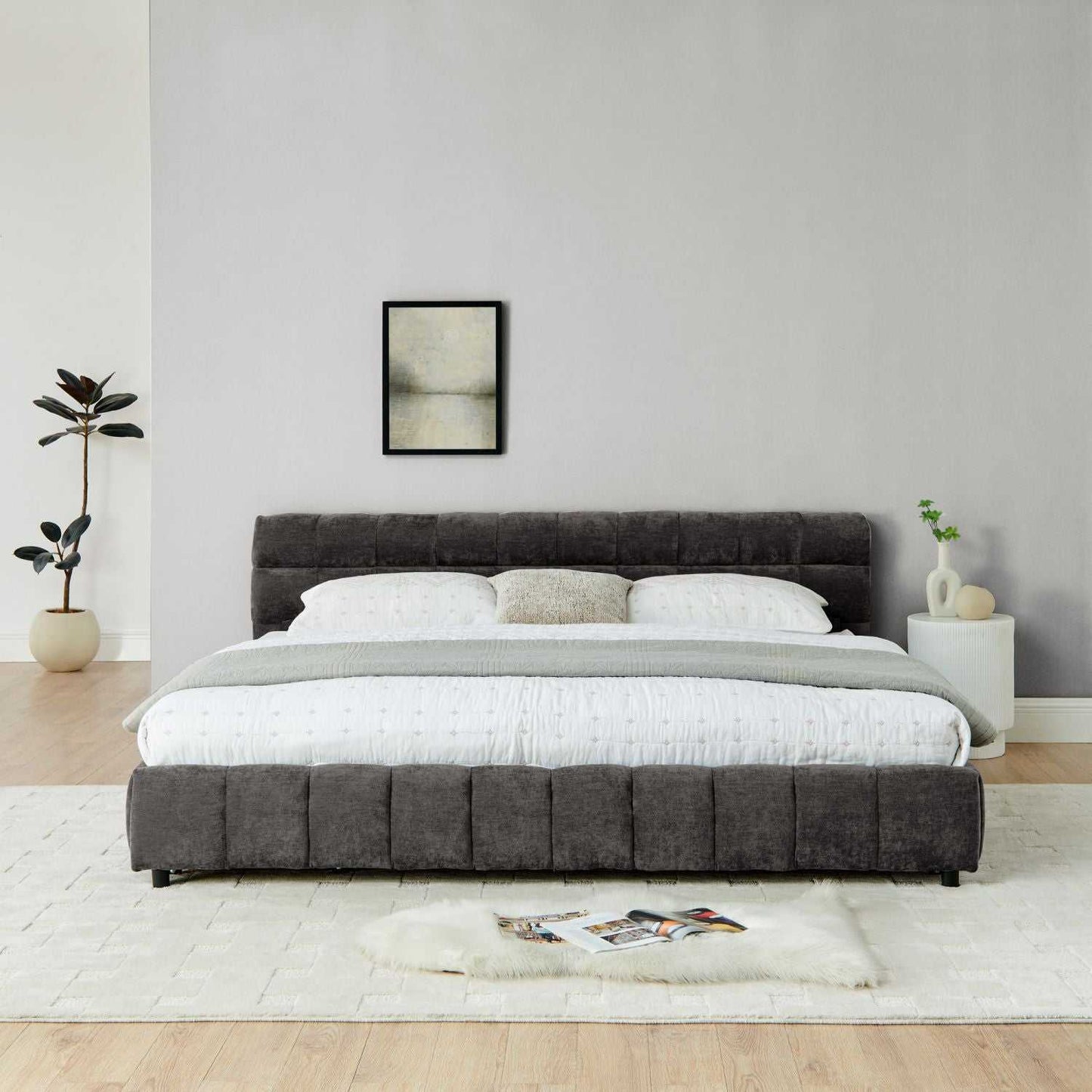 King Size Upholstered Bed ,comfortable upholstered bed frame, Chenille fabric, with headboard and solid bed frame. With drawer for storage.-Dark Gray(88.5''*85.5''*31'') - luxuryhomedecoridea.com