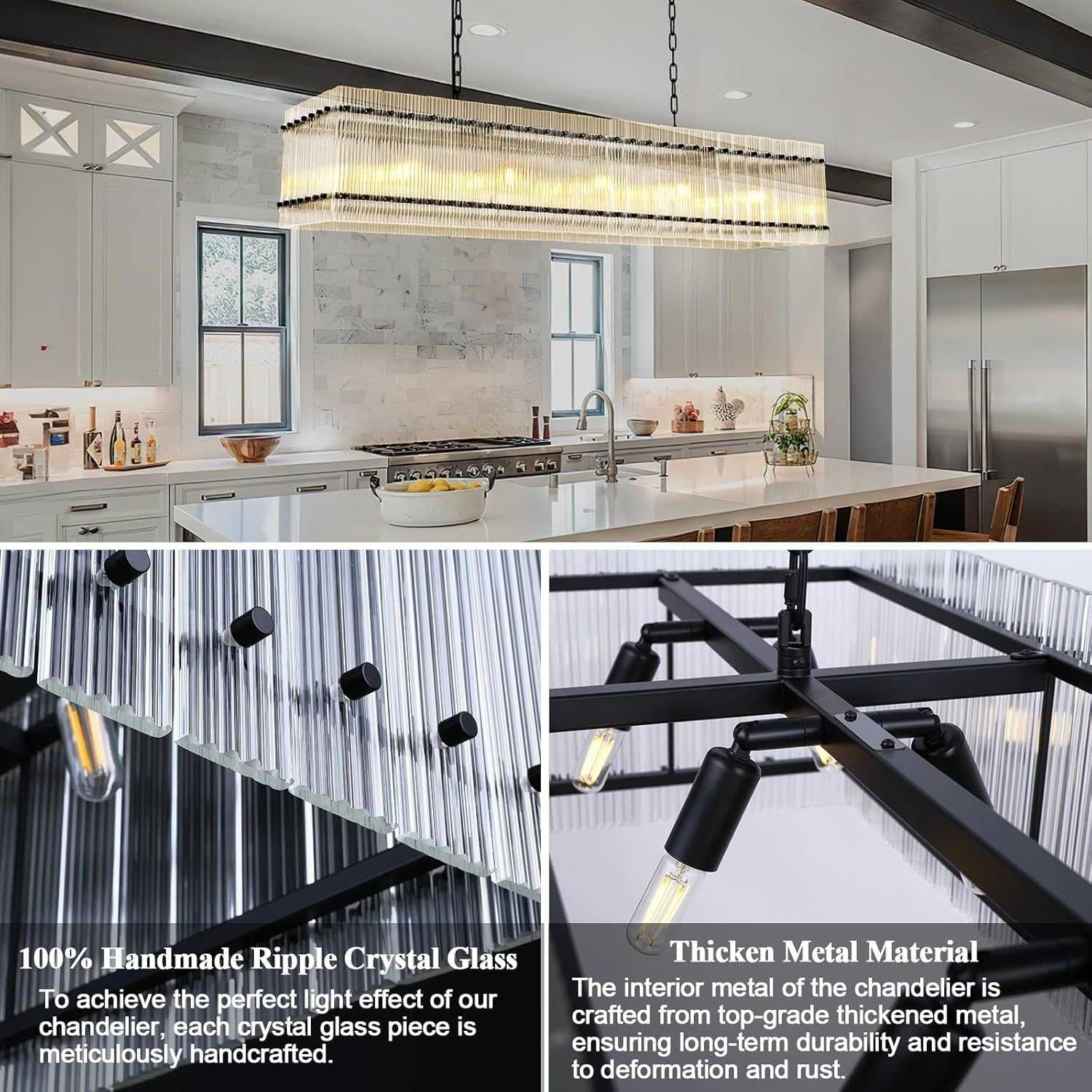 Modern Rectangular Crystal Glass Chandelier, 10-Lights Black Chandelier Lighting Contemporary Pendant Ceiling Light Fixture for Dining Room Living Room Kitchen Island - luxuryhomedecoridea.com