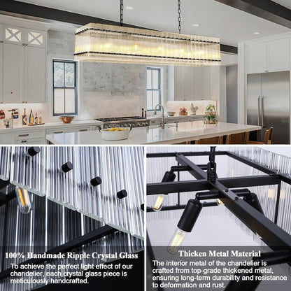 Modern Rectangular Crystal Glass Chandelier, 10-Lights Black Chandelier Lighting Contemporary Pendant Ceiling Light Fixture for Dining Room Living Room Kitchen Island - luxuryhomedecoridea.com