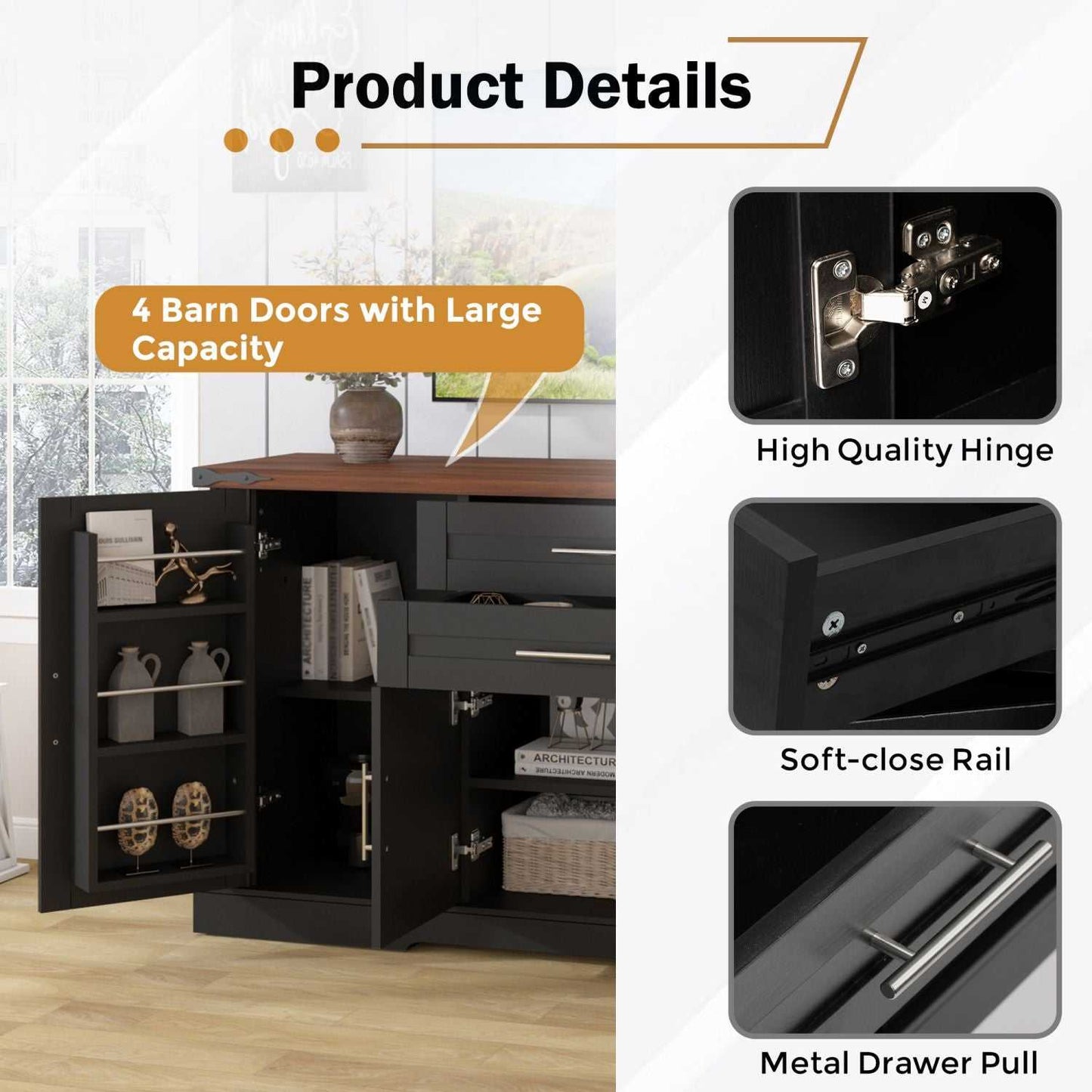 63" Farmhouse Barn Door Storage Cabinet with 2 Drawers & Door Rack, Large Buffet Table Coffee Bar Cabinets with Adjustable Shelves for Kitchen, Living Room, Entryway, Dining Room, Black - luxuryhomedecoridea.com