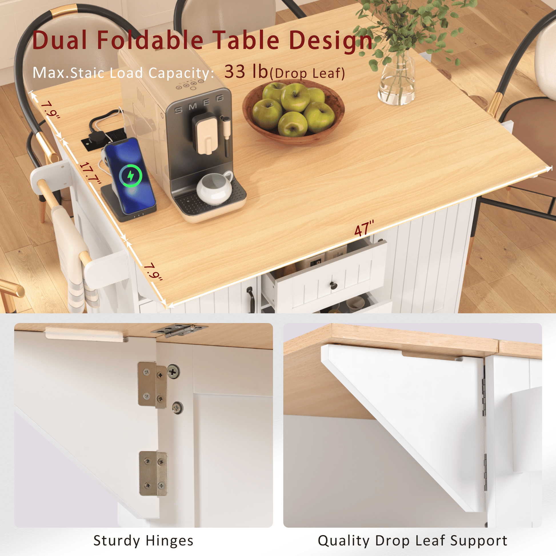 55.7" Large Kitchen Island with 2 Drop Leaf,Rolling Kitchen Cart on 5 Wheels with Power Outlet, Folding Storage Dining Table with Spice & Towel Rack , 3 Drawers, for Kitchen, Dining Room - luxuryhomedecoridea.com