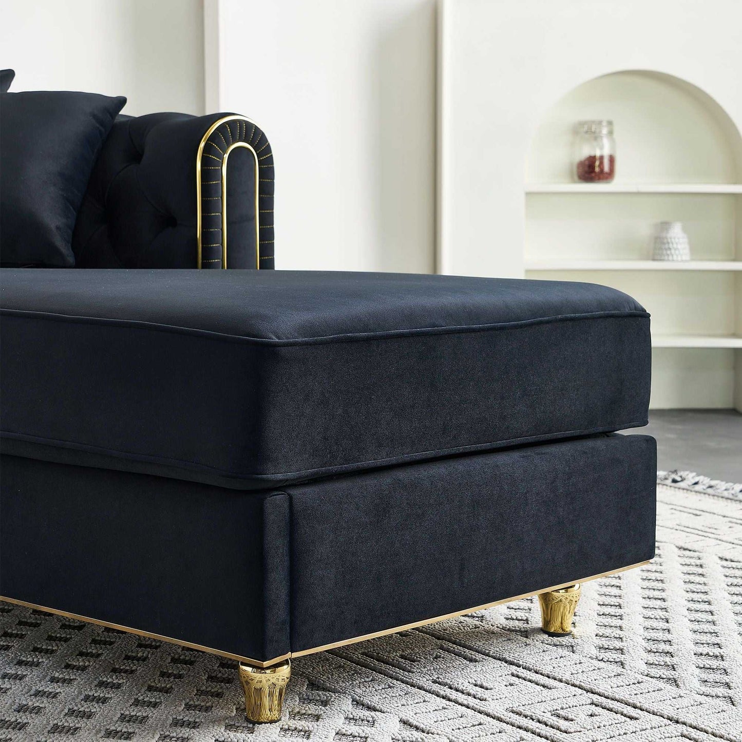 66.9''W Velvet Chaise Lounge,Luxury Modern Chaise Furniture,Tufted Back with 2pcs toss pillows for Living Room,Bedroom,Apartment,Black Color - luxuryhomedecoridea.com