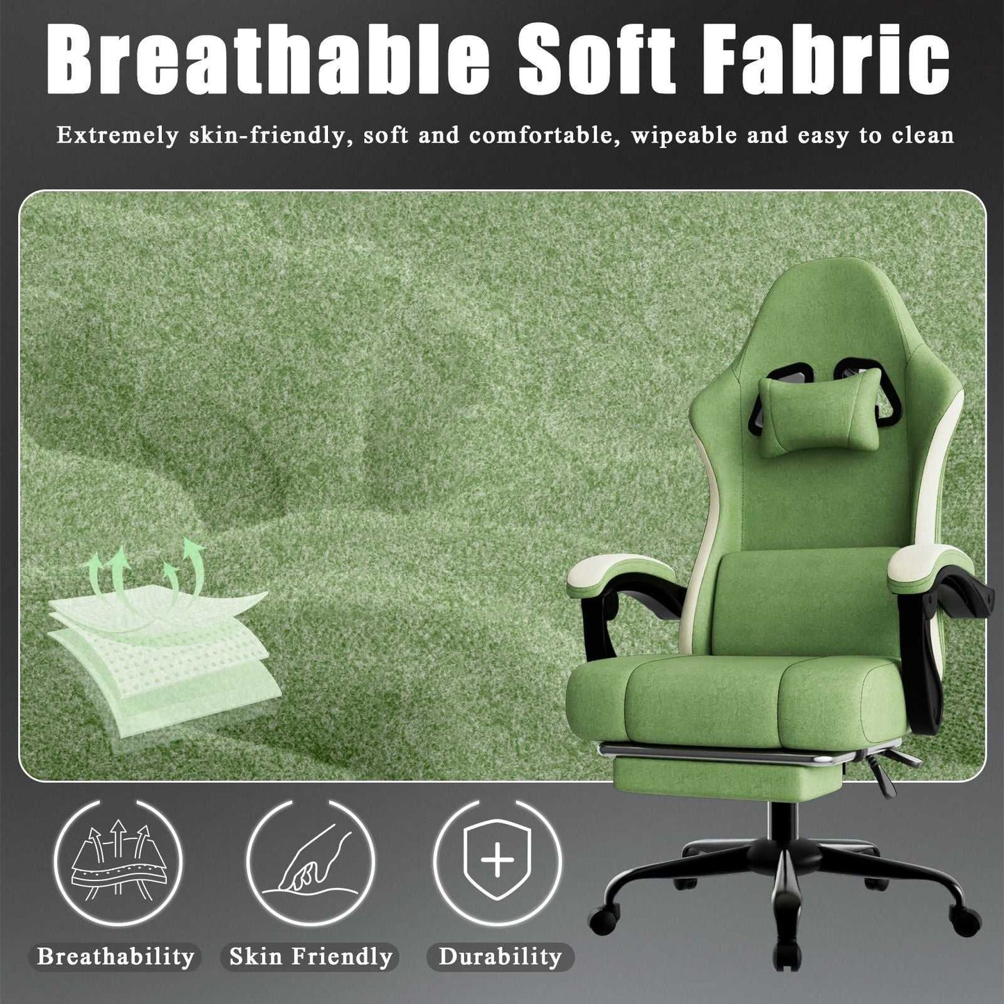 Ergonomic Gaming Chair with Pocketed Spring Cushion, Breathable Fabric Computer Chair with Footrest, Adjustable Lumbar Support Video Game Chair for Adults (Fabric) - luxuryhomedecoridea.com