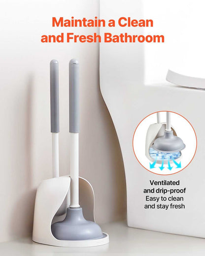 VEVOR Toilet Brush and Plunger Set, 2-in-1 Toilet Bowl Brush Plunger Combo with Ventilated Holder, 360° Deep Cleaning and Drip-Proof Bathroom Supplies, for Bathroom, RV and Toilets (White & Grey) - luxuryhomedecoridea.com
