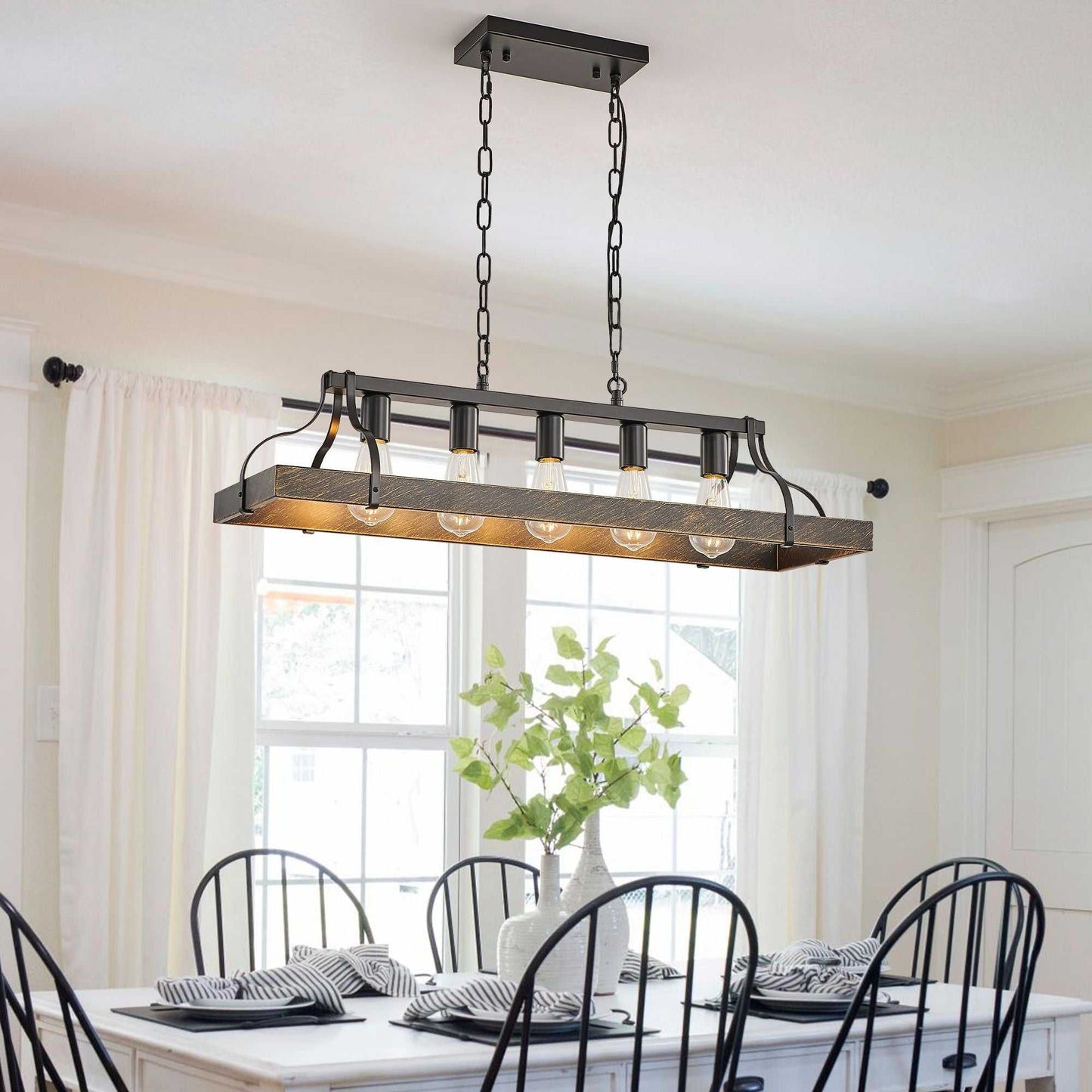 33.7-Inch Black and Gold Vintage Pendant Light, 5 E26 Bulb Sockets, Adjustable Chain Height – Antique Style Chandelier for Dining Room, Kitchen, or Living Room (Bulb Not Included) - luxuryhomedecoridea.com