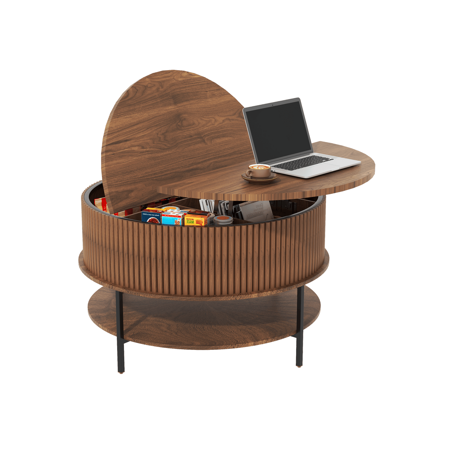 31.5 Inch Farmhouse Brown Lift Top Coffee Table, Round Storage Cocktail Table with Sturdy Steel Legs, Safe Round Design for Living Room, Office - luxuryhomedecoridea.com